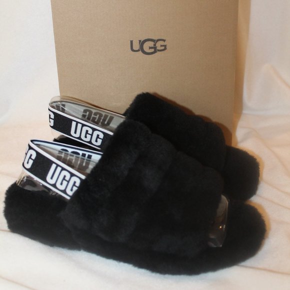 NIB UGG WOMEN'S‎ FLUFF BLACK WHITE SLIPPER SANDALS - Picture 1 of 7